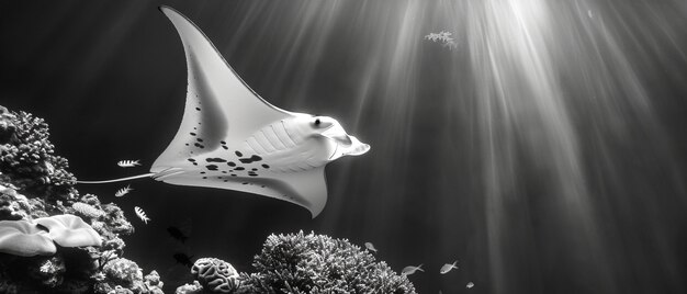 Monochrome view of manta ray animal underwater