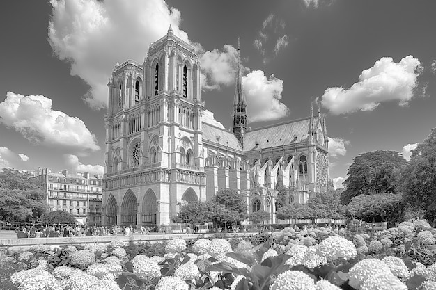 Free photo monochrome view of notre dame cathedral for world heritage day