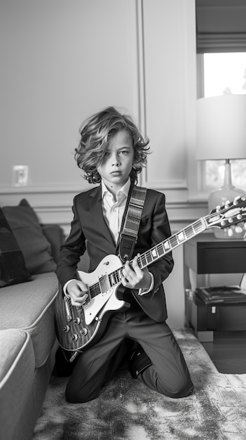 Free photo monochrome view of person playing electric guitar