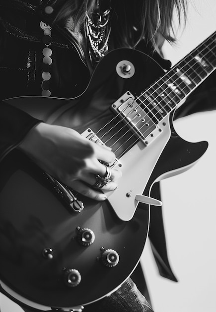 Monochrome view of person playing electric guitar