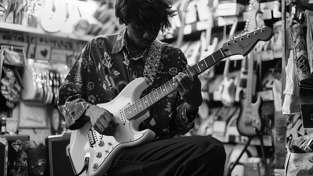 Free photo monochrome view of person playing electric guitar