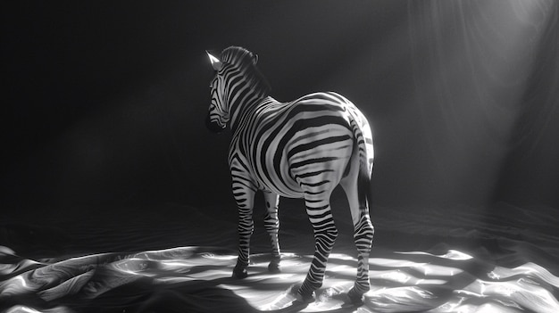 Monochrome view of wild zebra with striped coat