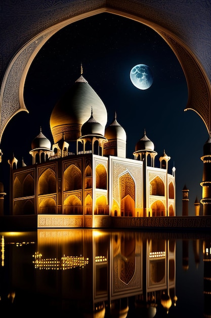 A moon is visible over a building in the night.