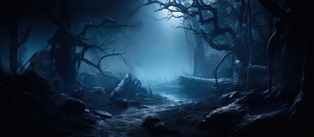 Free Photo a moonlit foggy forest with artistic bokeh effects