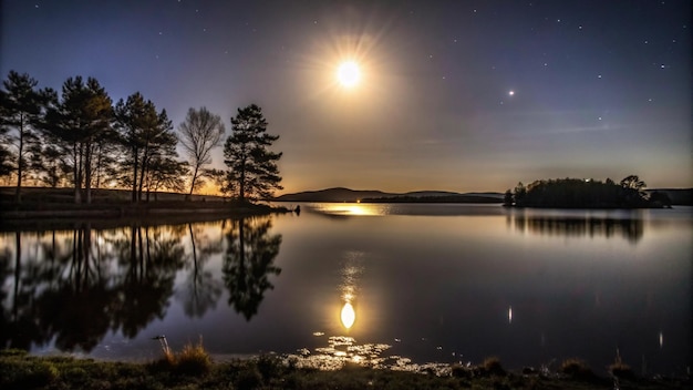 Free Photo moonlit lake with starry sky and reflection