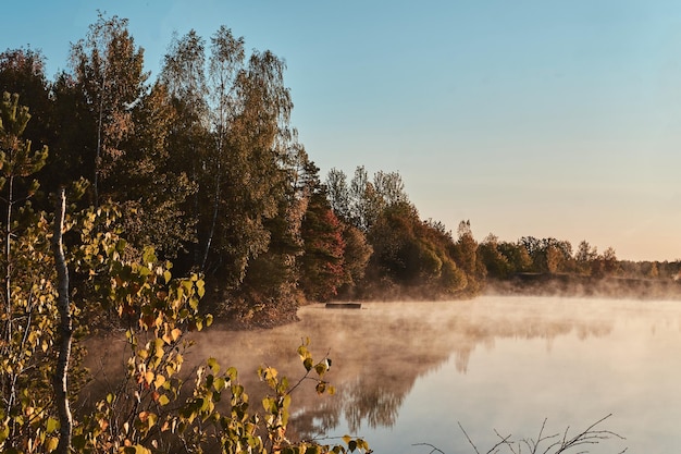 Free photo morning calm lake with mist and reflection of forest on bright autumn day.