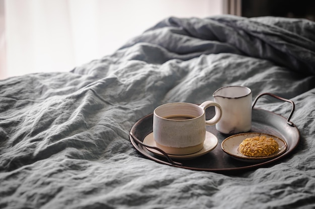 Free photo morning coffee on metal tray