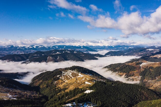 Morning in the mountains. Carpathian Ukraine, Aerial view.