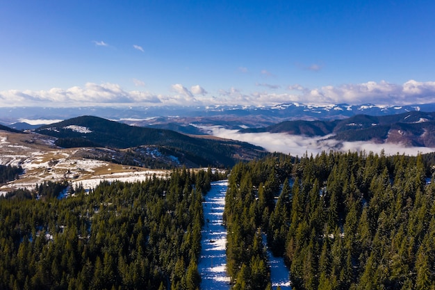 Morning in the mountains. Carpathian Ukraine, Aerial view.