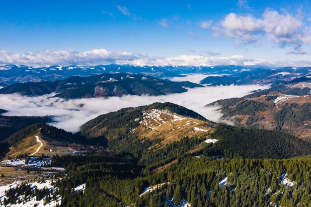 Morning in the mountains. Carpathian Ukraine, Aerial view.