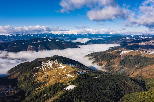 Morning in the mountains. Carpathian Ukraine, Aerial view.