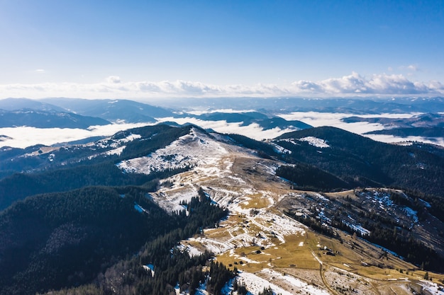 Morning in the mountains. Carpathian Ukraine, Aerial view.