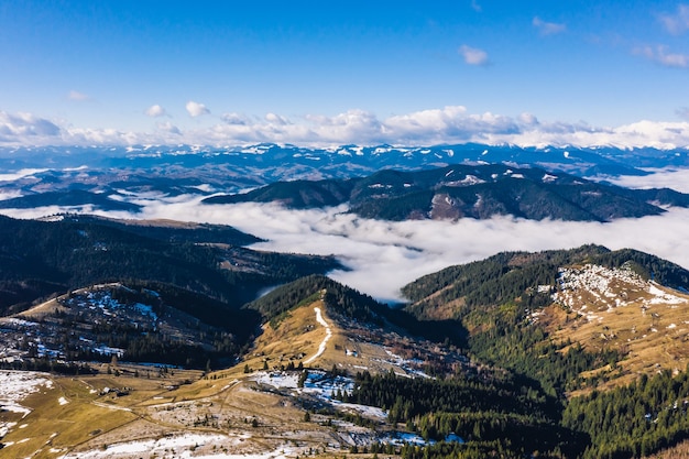 Morning in the mountains. Carpathian Ukraine, Aerial view.