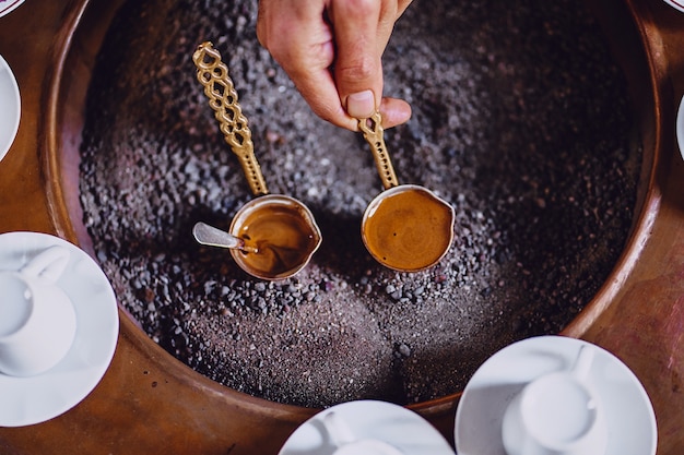 Free photo morning with turkish coffee brewing