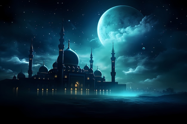 Mosque building architecture at night with moon