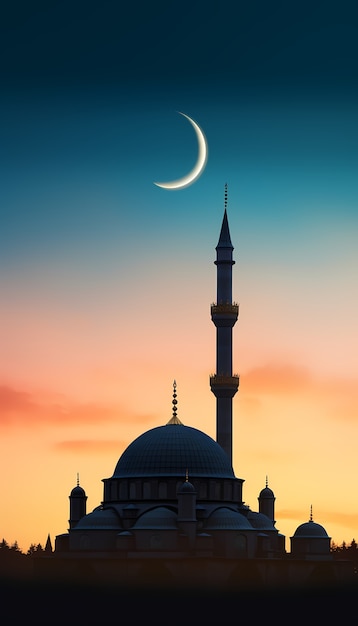 Free Photo mosque building architecture with crescent moon