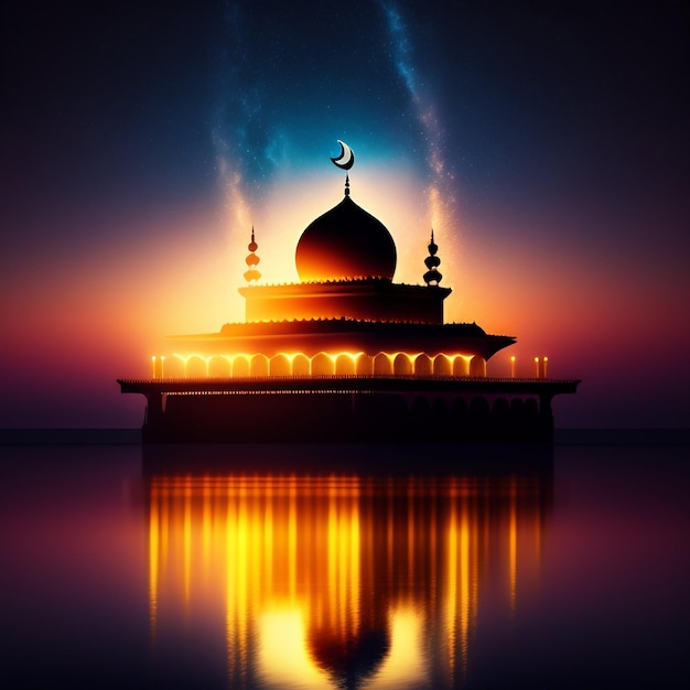 Free photo a mosque with a blue dome and a starry sky