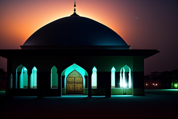 Free photo a mosque with a blue light at night