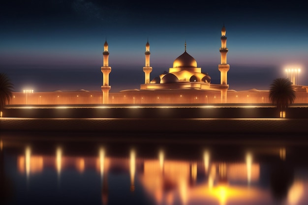 Free photo a mosque with lights on the water and the sky is lit up.