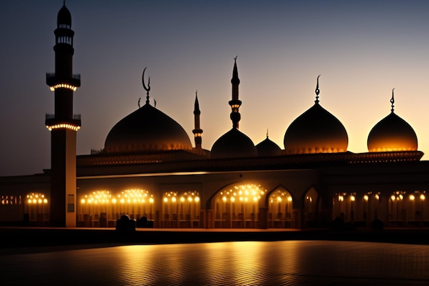 Free Photo a mosque with a lit up sky at dusk