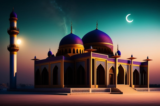 A mosque with the moon in the background