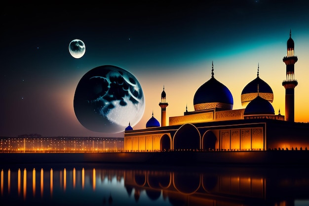 Free photo a mosque with a moon and stars in the background