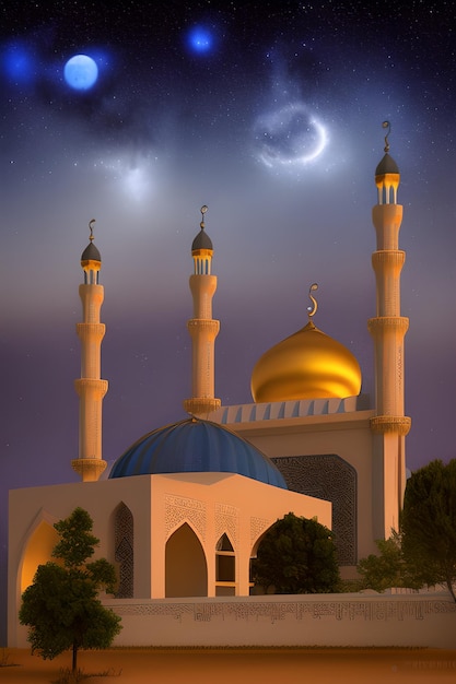 A mosque with a moon and stars in the sky