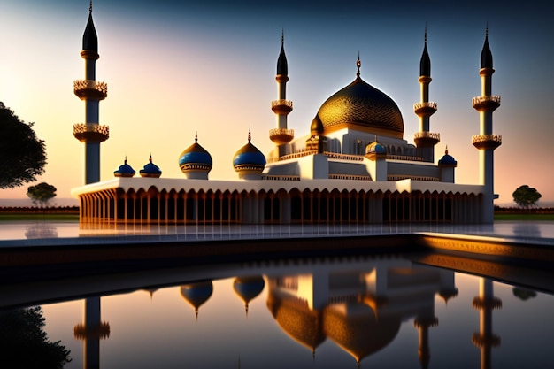 Free photo a mosque with a reflection in the water