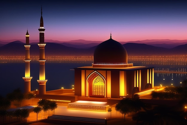 A mosque with a view of the lake and mountains in the background.