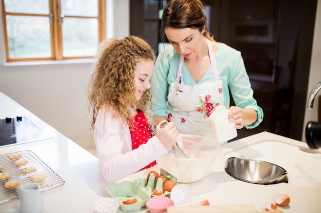 Mother assisting daughter in whisking flour