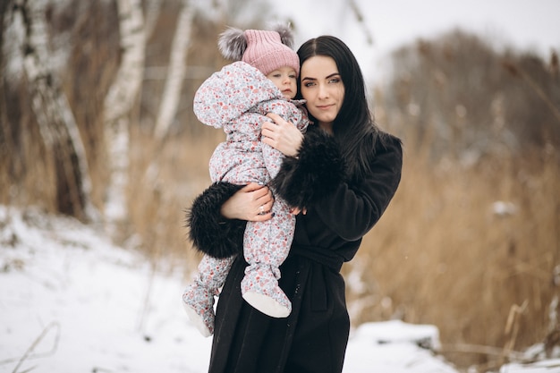 Mother and daughter outside in winter