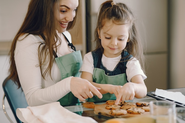 Mother and daughter sitting in a kitchen with cookies