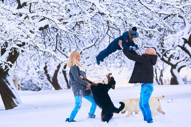 The mother, father and son playing with dogs