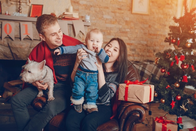 Mother lifting baby up while father holds dog on knees