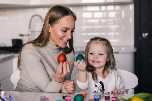 Mother and small daughter with easter eggs and easter basket in the kitchen ready for Easter