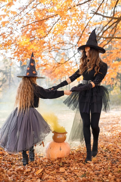 Mother witch and her daughter making a potion in autumn forest. Mother teach her daughter. Young woman and little girl wearing witches Halloween costumes and cone hats.