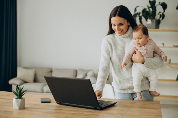 Mother with baby daughter working on computer from home