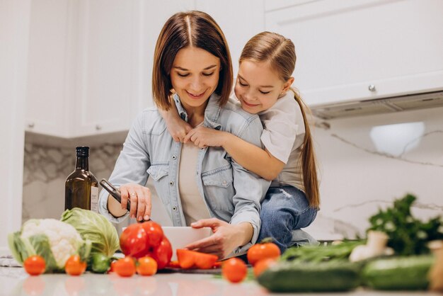 Mother with daughter preparing dinner from fresh vegetables at the kitchen