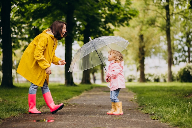 Mother with daughter walking in the rain under the umbrella