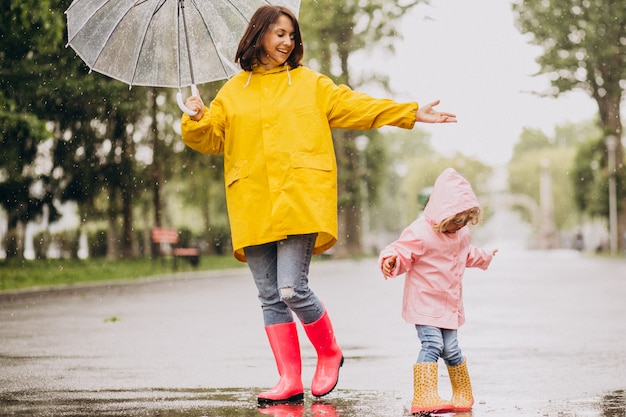 Mother with daughter walking in the rain under the umbrella