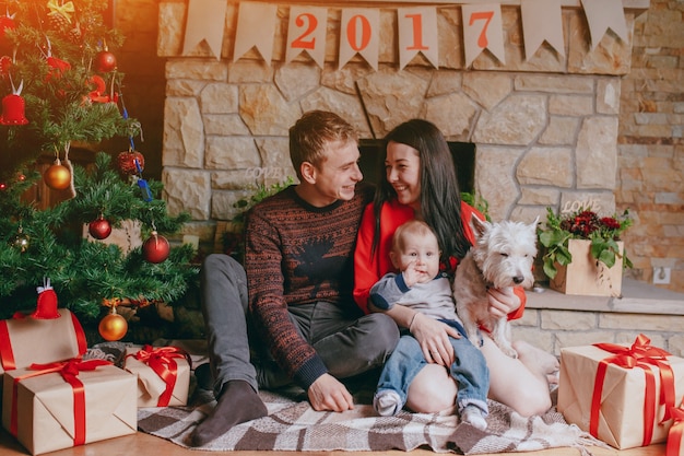 Mother with her baby and her dog in arms at christmas