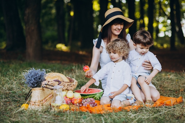 Mother with her sons having picnic in forest