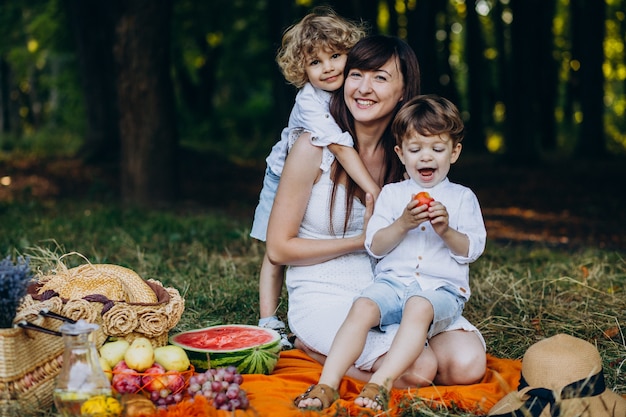 Mother with her sons having picnic in forest