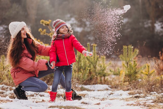 Mother with little daughter in a winter forest