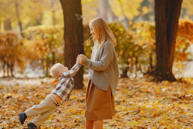 Mother with little son playing in a autumn field