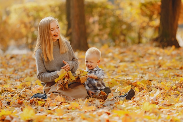 Mother with little son playing in a autumn field