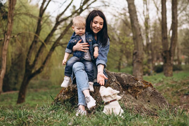 Mother with son and dog