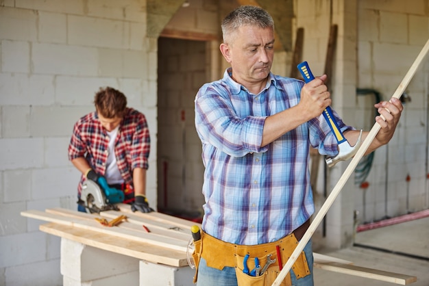 Motivated carpenter using hammer in the main plan