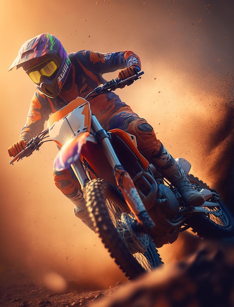 Free Photo motocross rider racing in a large cloud of dust and debris generative ai