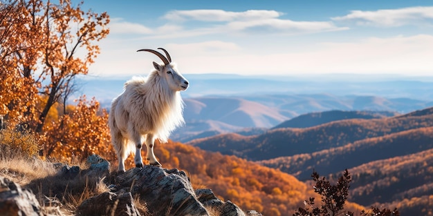 Free Photo mountain goat surveys the valley from a high ridge a tapestry of autumn hues below